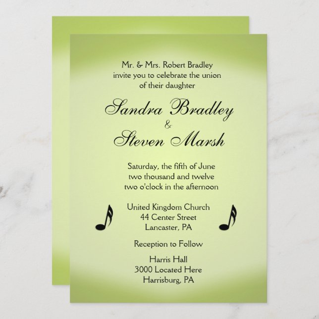 Invitation Thème de musique Mariage vert (Devant / Derrière)