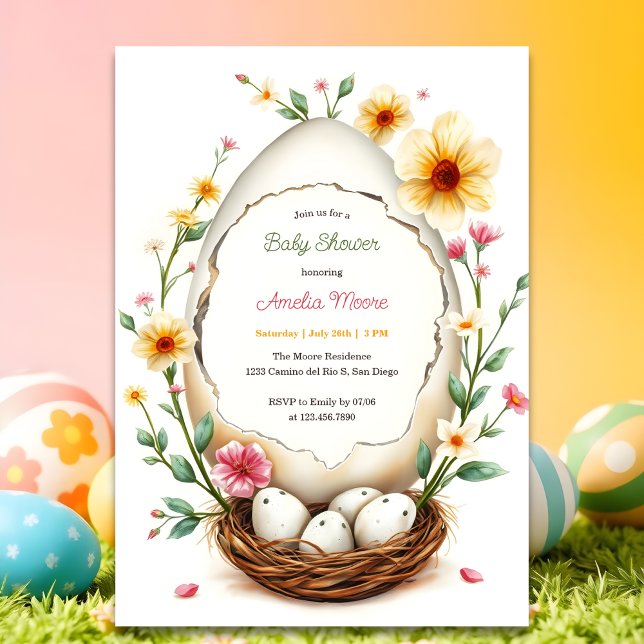 Invitation Thème de nid d'oeufs floraux Baby shower de Pâques (Personalized Baby Shower Invitation Floral Egg Nest Theme)