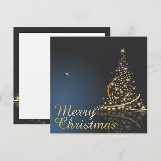 Invitation Thème de Noël bleu avec arbre de Noël doré (Devant / Derrière)