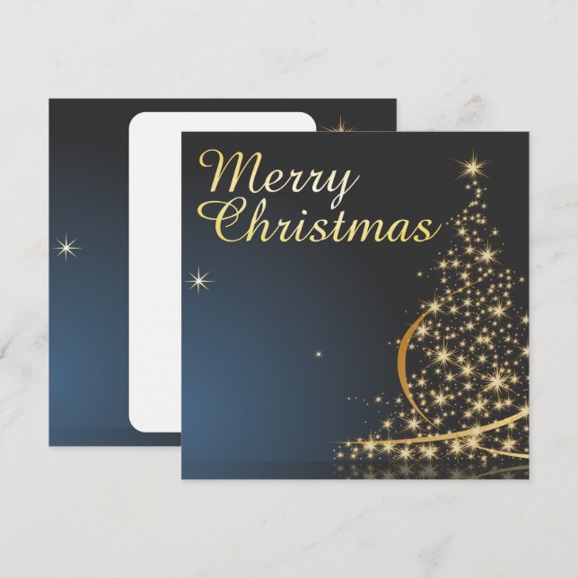 Invitation Thème de Noël bleu avec arbre de Noël doré (Devant / Derrière)