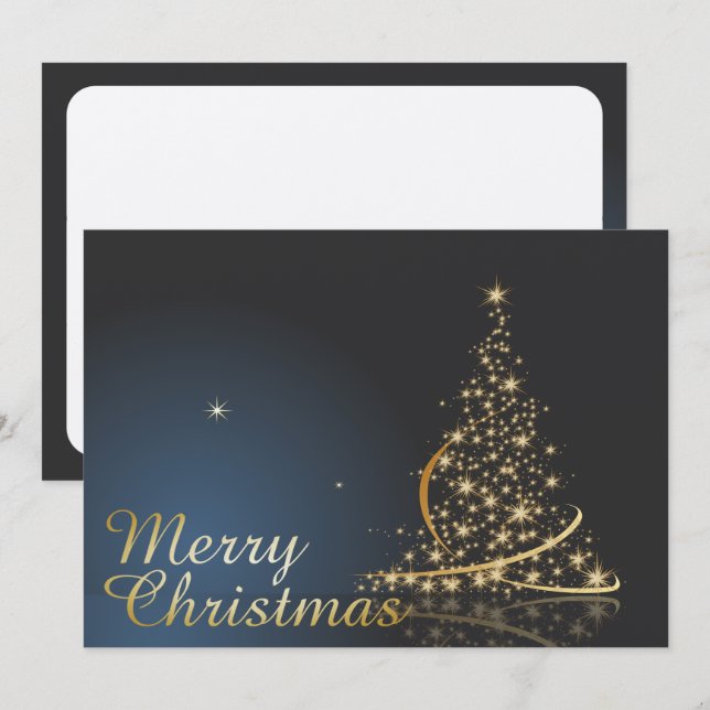 Invitation Thème de Noël bleu avec arbre de Noël doré (Devant / Derrière)