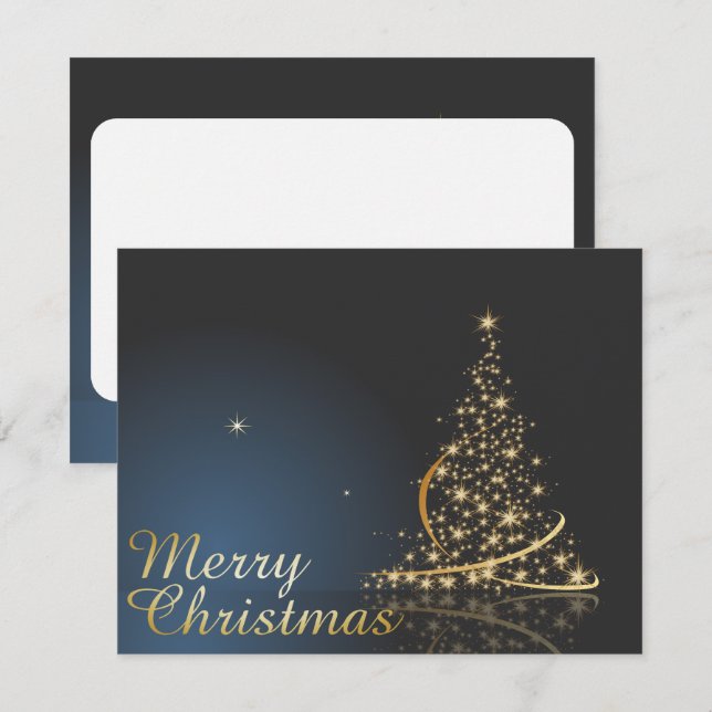 Invitation Thème de Noël bleu avec arbre de Noël doré (Devant / Derrière)