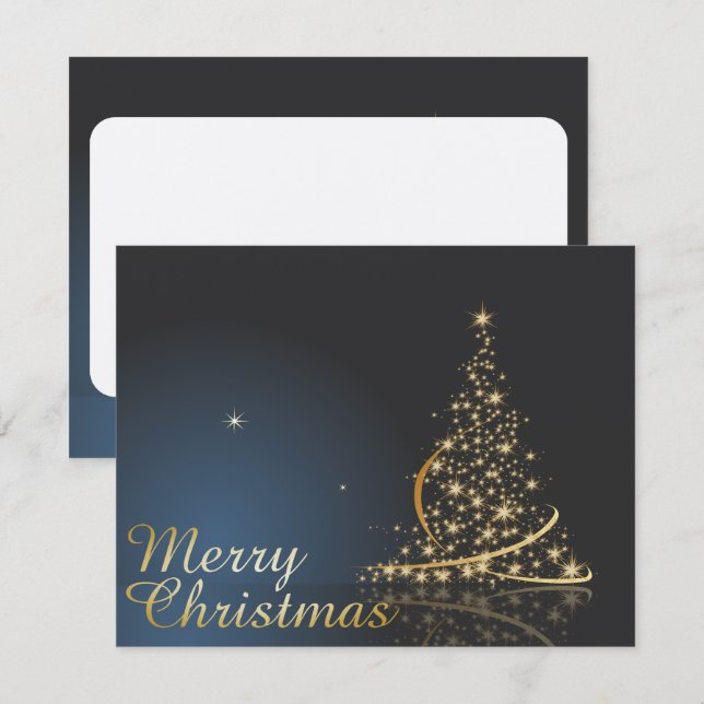 Invitation Thème de Noël bleu avec arbre de Noël doré (Devant / Derrière)