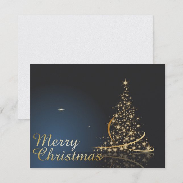 Invitation Thème de Noël bleu avec arbre de Noël doré (Devant / Derrière)