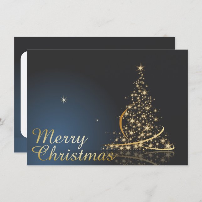Invitation Thème de Noël bleu avec arbre de Noël doré (Devant / Derrière)