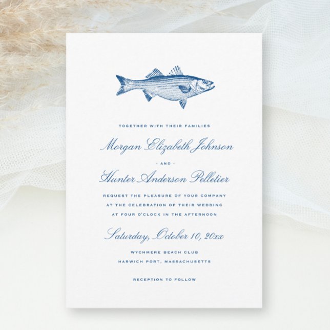 Invitation Thème de pêche au bar rayé Élégant mariage bleu ma (Striped Bass Fishing theme Wedding Invitation in Elegant navy blue from Concertina Press)