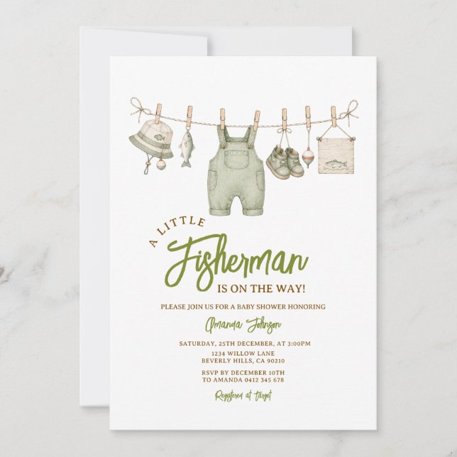 Invitation Thème de pêche Vert Sauge pour Baby Shower (Devant)