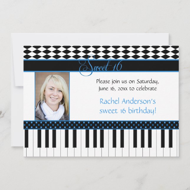 Invitation Thème de piano noir bleu pour 16 ans (Devant)