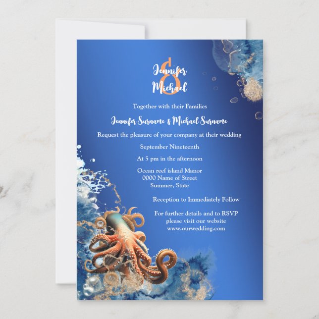 Invitation Thème de plage mariage octopus orange bleu (Devant)