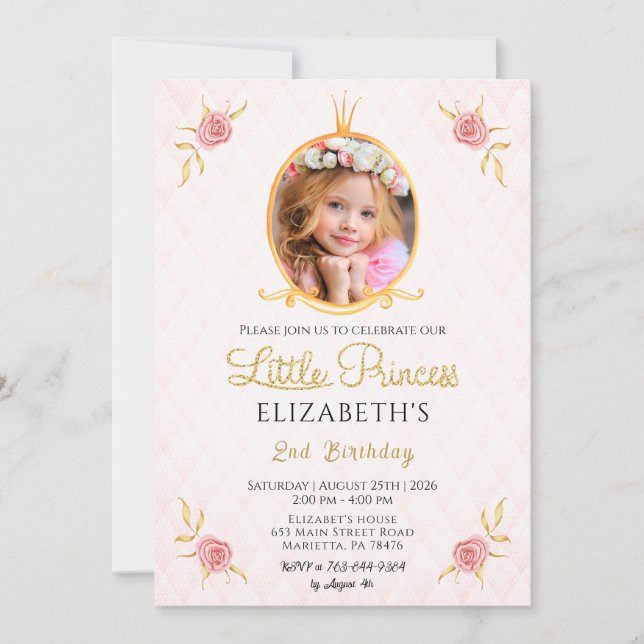 Invitation Thème de Princesse Mignonne Photo Anniversaire (Devant)