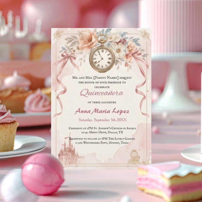 Invitation Thème de Quinceanera Cendrillon aquarelle rose cla (Créateur téléchargé)