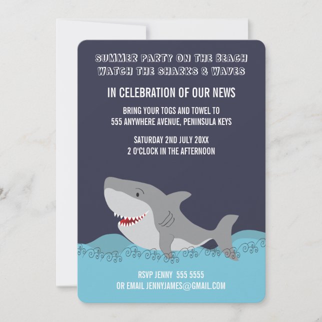 Invitation Thème de requin mignon pour une fête d'été sur la  (Devant)