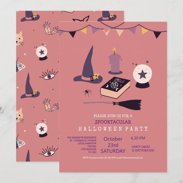 Invitation Thème de sorcière rose fantaisiste (Devant / Derrière)