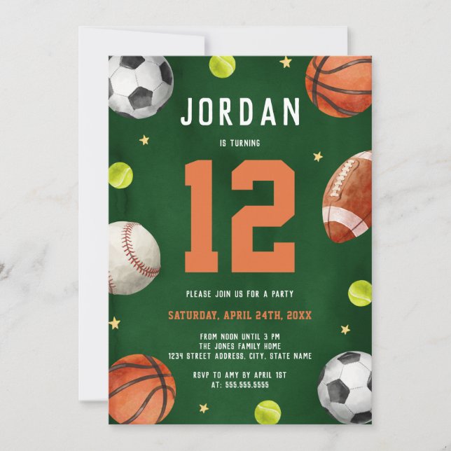 Invitation Thème de sport orange vert pour garçon pour fête d (Devant)