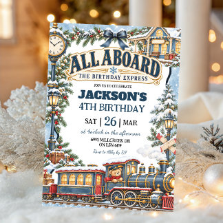 Invitation Thème de train d'hiver Tous à bord Anniversaire Ex