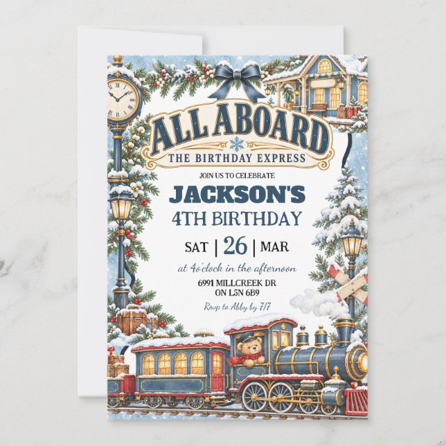 Invitation Thème de train d'hiver Tous à bord Anniversaire Ex (Devant)