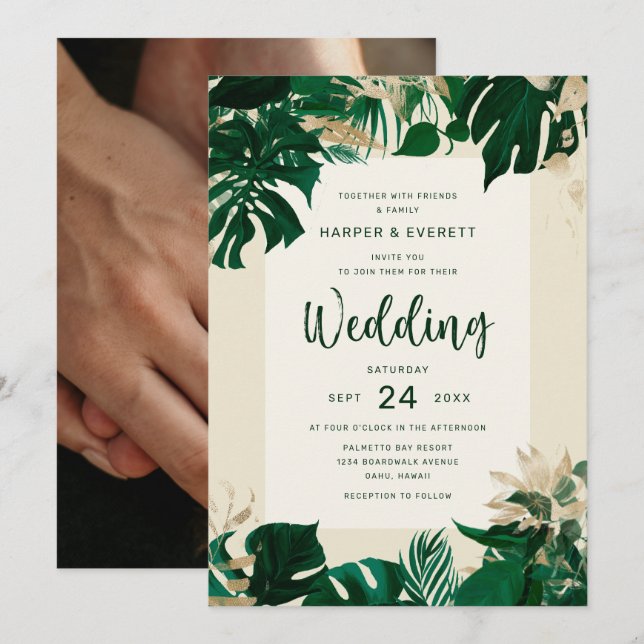 Invitation Thème de verdure tropicale avec Mariage arrière ph (Devant / Derrière)