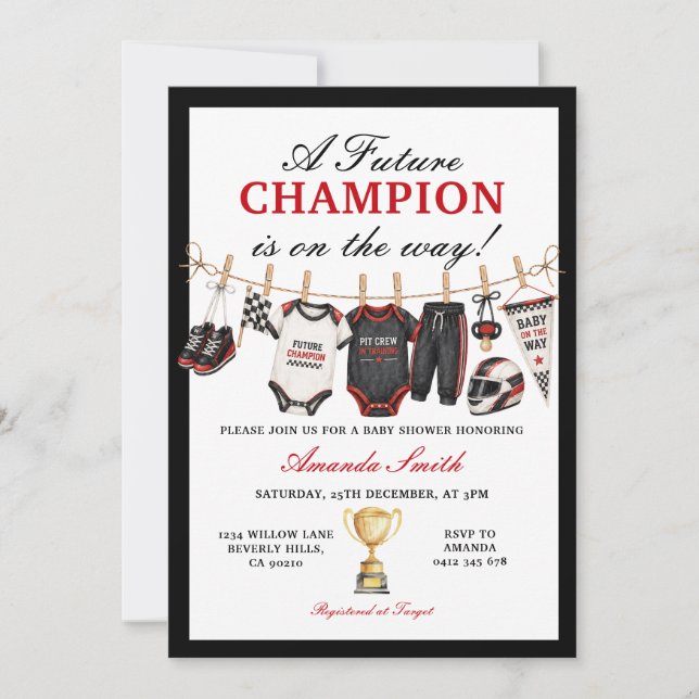 Invitation Thème de voiture de course pour bébé futur champio (Devant)
