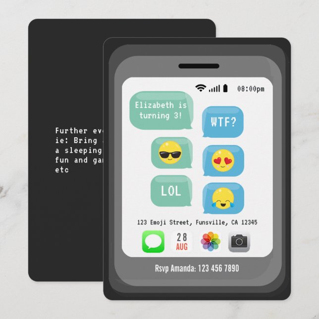 Invitation Thème d'emoji Fête d'anniversaire (Devant / Derrière)