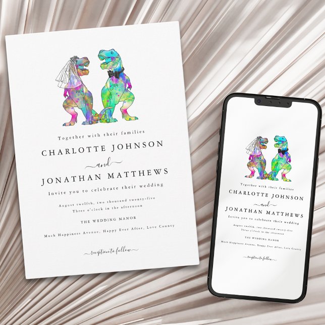 Invitation Thème Dinosaure Coloré (Colorful dinosaur theme wedding invitation with stylish Minimlist typography)