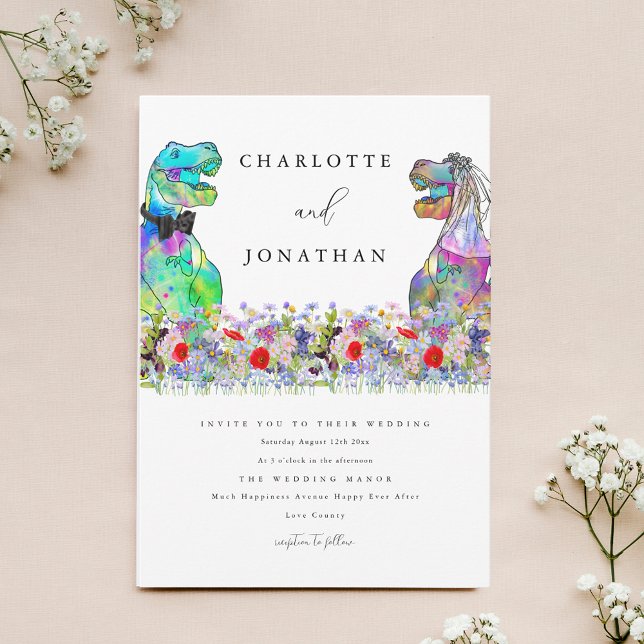 Invitation Thème dinosaure Fleur sauvage colorée (Colorful wildflower dinosaur theme wedding invitation)