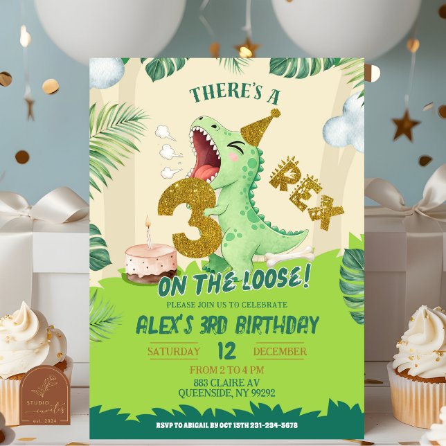 Invitation Thème Dinosaure Garçon Vert 3-Rex Troisième Annive (Créateur téléchargé)