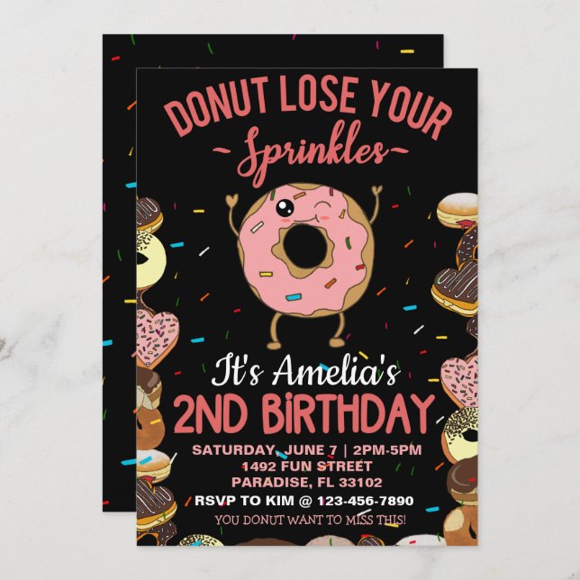 Invitation Thème Donut 2 Ans (Devant / Derrière)
