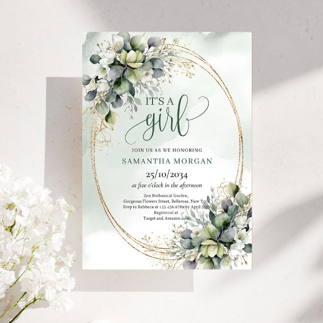 Invitation Thème doré de verdure à l'aquarelle C'est une fill (Watercolor Greenery Gold Theme It’s A Girl Invitation)