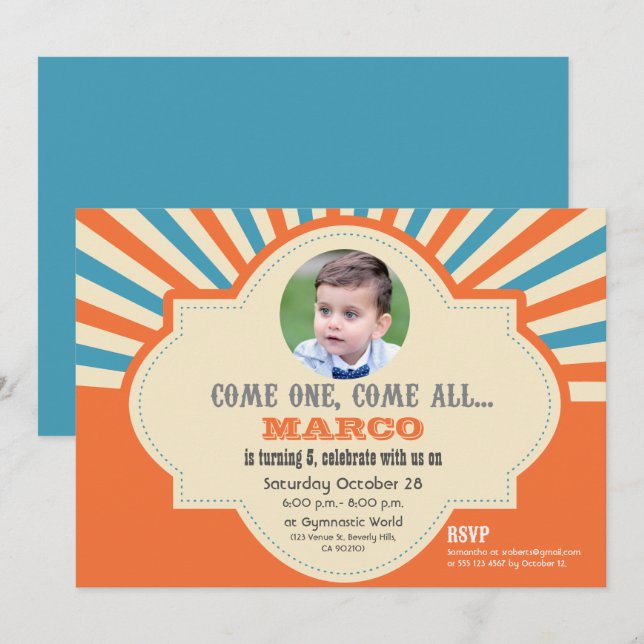 Invitation Thème du cirque| Photo personnalisée| Anniversaire (Devant / Derrière)