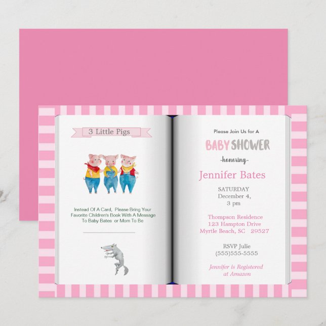 Invitation Thème du livre Trois petits cochons Baby shower ro (Devant / Derrière)