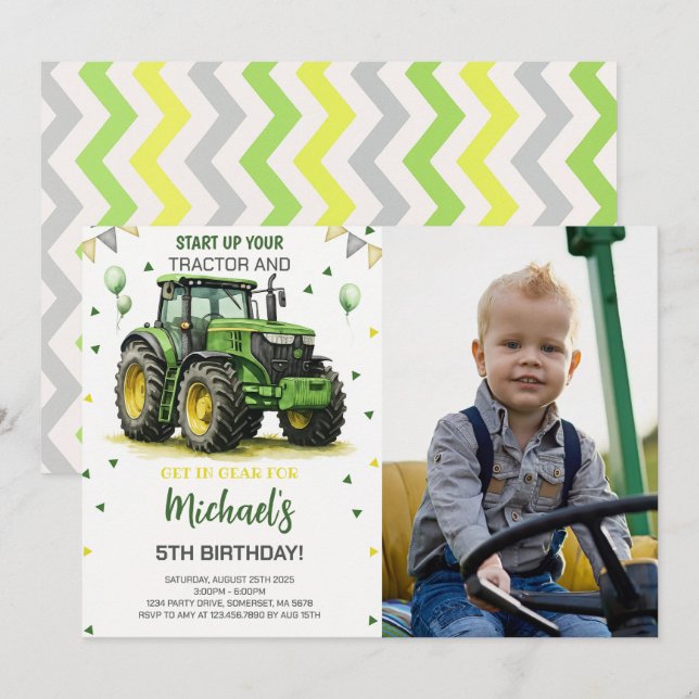 Invitation Thème du Tracteur vert Anniversaire de la fête Pho (Devant / Derrière)