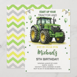 Invitation Thème du Tracteur vert fête d'anniversaire