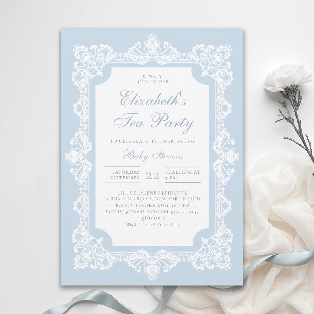 Invitation Thème élégant de thé pour l'annonce d'un bébé garç (baby shower tea party invitations white lace dusty blue elegant modern classic template)