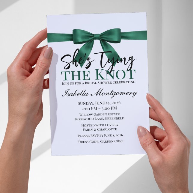 Invitation Thème « Elle noue le nœud » Ruban vert émeraude (She’s Tying the Knot Theme Emerald Green Bow Invitation
)