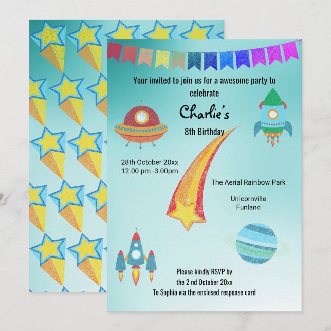 Invitation Thème Espace Aqua Star Anniversaire (Devant / Derrière)
