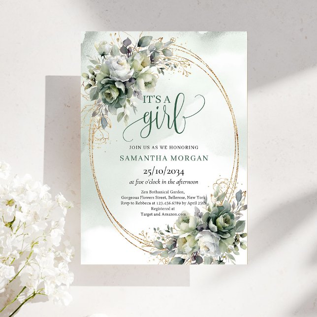 Invitation Thème Eucalyptus Vert Poussiéreux Boho Pour Douce  (Boho Dusty Green Eucalyptus Theme For Sweet It’s A Girl Invite)