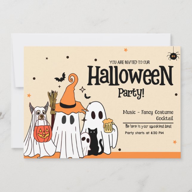 Invitation Thème fantômes mignons et animaux pour un Hallowee (Devant)