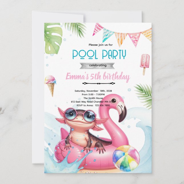 Invitation thème fête au bord de la piscine Axolot (Devant)