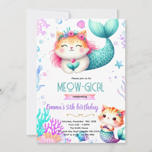 Invitation thème fête chat sirène (Devant)