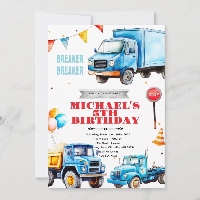 Invitation thème fête d'anniversaire camions (Devant)