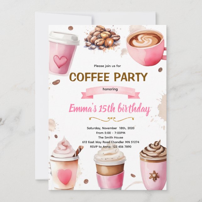 Invitation thème fille anniversaire café (Devant)