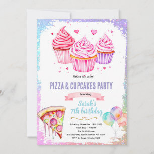 Invitation thème fille gâteau pizza cupcake