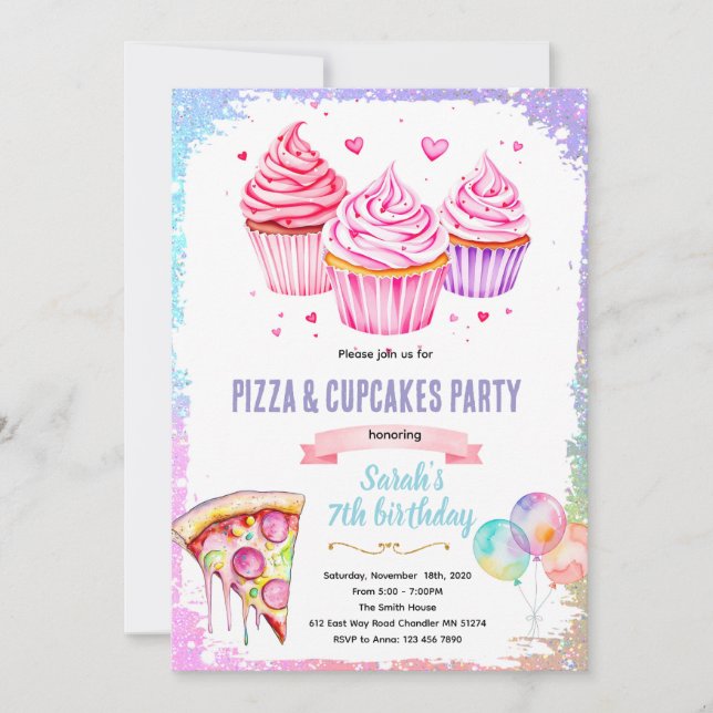 Invitation thème fille gâteau pizza cupcake (Devant)