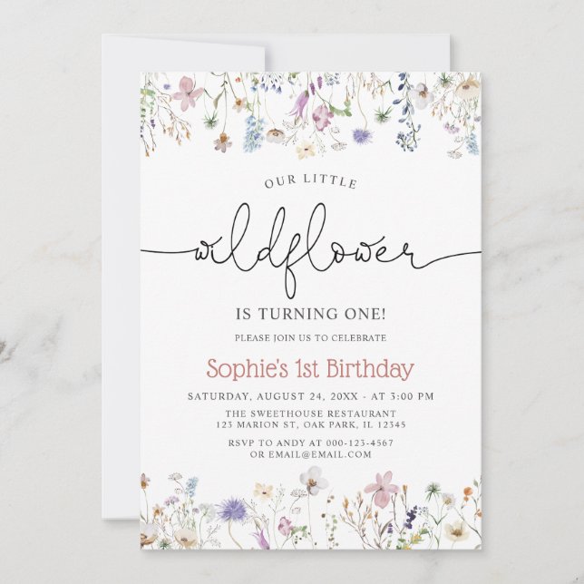 Invitation Thème fleur sauvage Baby Girl 1er anniversaire (Devant)