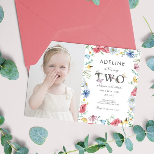 Invitation Thème fleur sauvage Fille 2e anniversaire mignonne (2nd Birthday Wildflower Floral Invitation with photo Digital Download Cute Second Birthday Party)