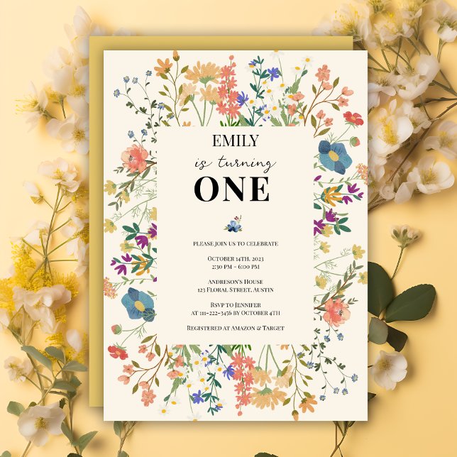 Invitation Thème fleur sauvage Fille premier anniversaire (Créateur téléchargé)