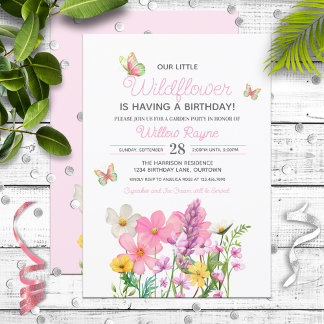 Invitation Thème Fleur sauvage rose Anniversaire de la fille