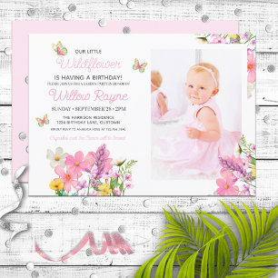 Invitation Thème Fleur sauvage rose Fille d'anniversaire