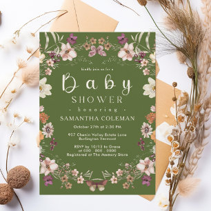 Invitation Thème Fleur sauvage rustique Moss Baby shower vert