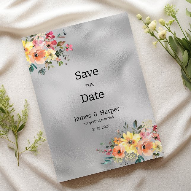 Invitation Thème floral argent rose orange menthe Enregistrer (Silver pink orange mint floral theme Save the Date)